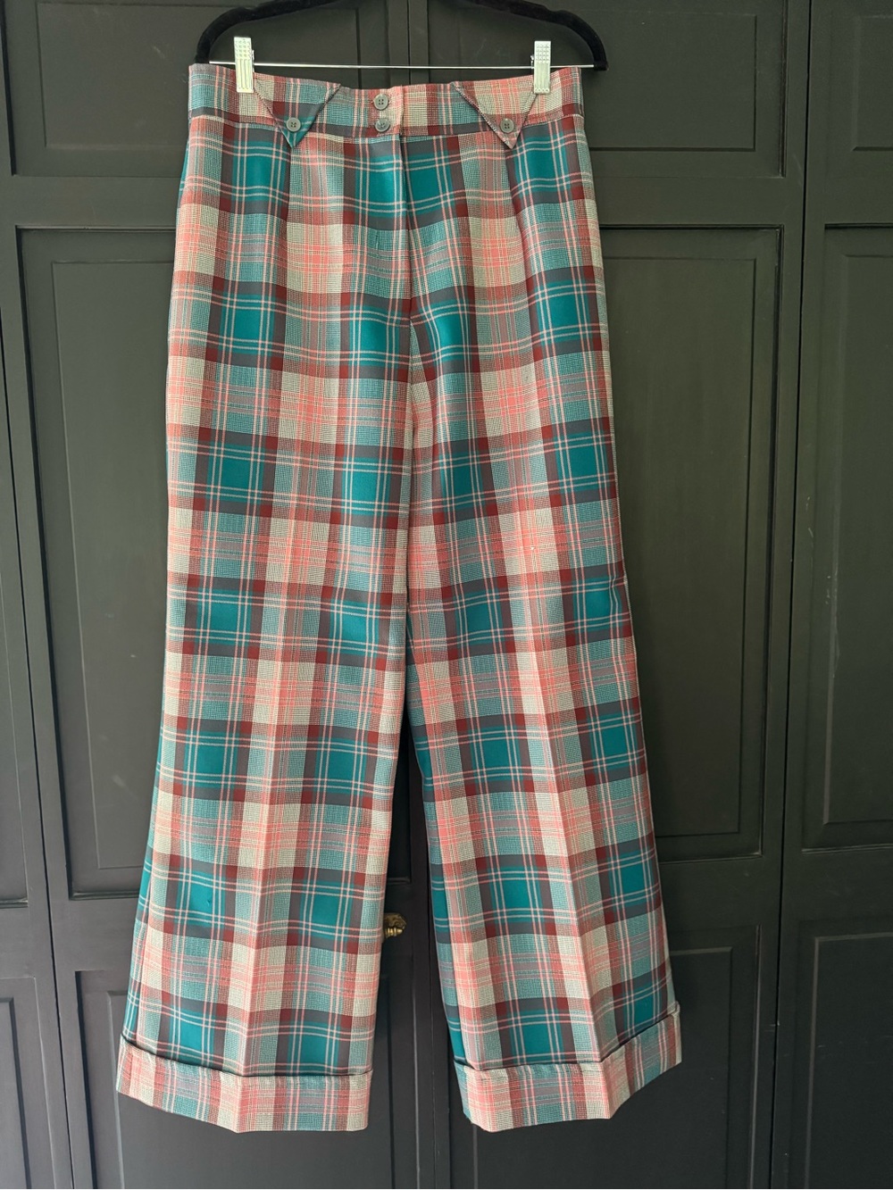 Vintage K-Mart Women’s Plaid Wide-Leg Trousers in Teal & Pink.
